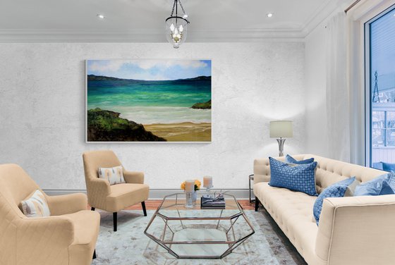 Seascape panorama warm bay. EXTRA LARGE OIL PAINTING