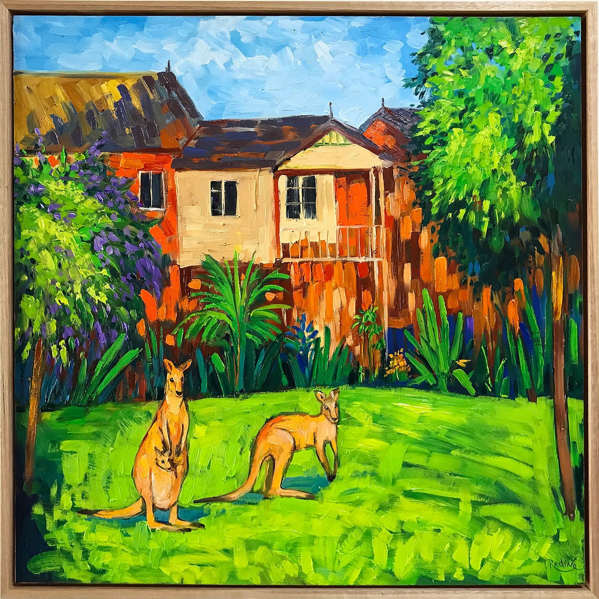 Impressionistic Landscape Oil Painting By Irina Redine, 25 X 25, Kangaroo Family, Original Artwork