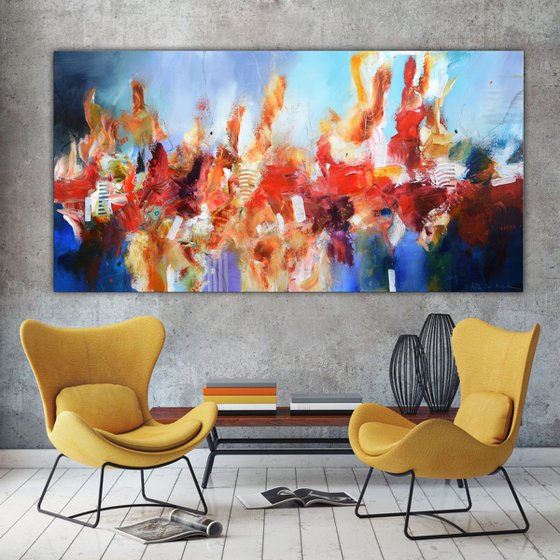 Abstract large painting - Big Bang - red, blue and yellow long abstract painting