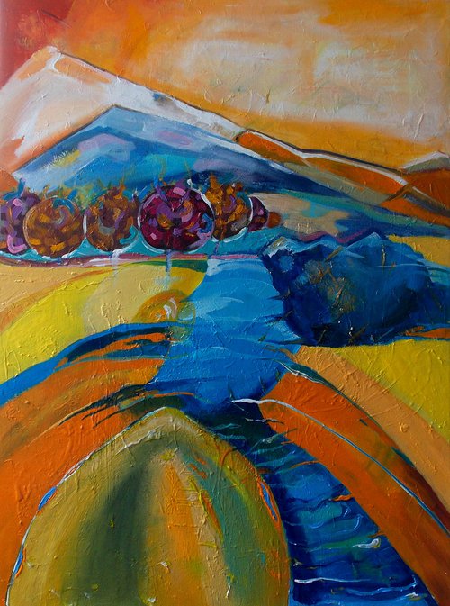 The river of my childhood - Colorful landscape, rich textured abstract landscape art by Maria Paunova