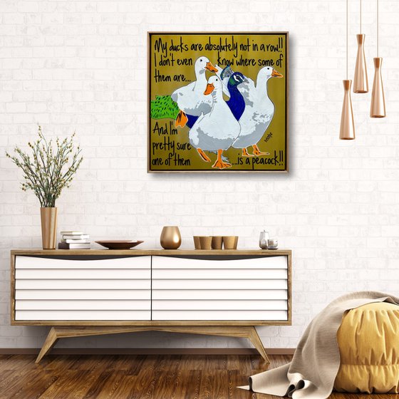 Ducks in a Row Gold Peacock Framed