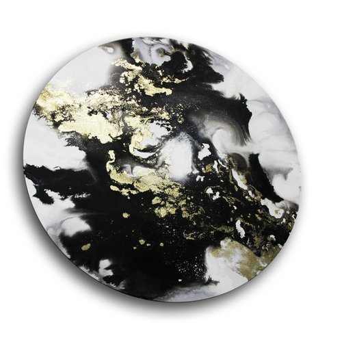 FANTASIA - ABSTRACT PAINTING - ROUND CANVAS DIAMETER 60 CMS * BLACK * WHITE * GOLD by Inez Froehlich