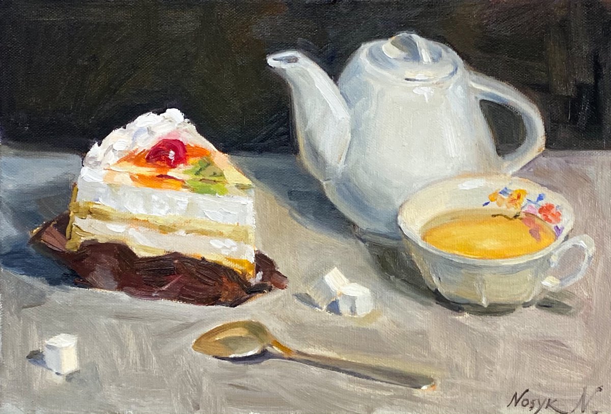 Cake and tea | original oil artwork by Nataliia Nosyk