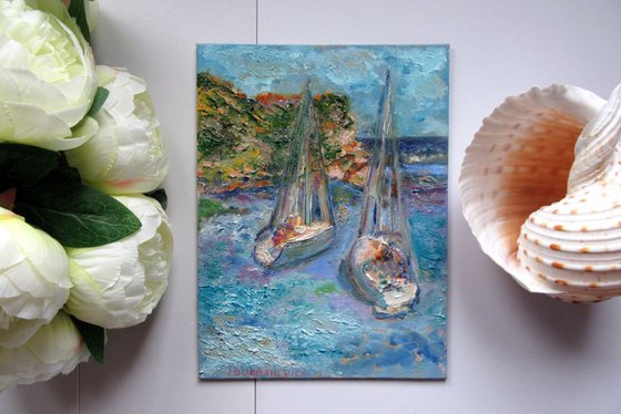Abstract Coastal Oil on Canvas Painting | Vibrant Small Painting | Peaceful Aesthetic | Ships in Summer | Beach Home Decor | Seascape Oil Artwork | Summer Vibes | Classical Fine Art