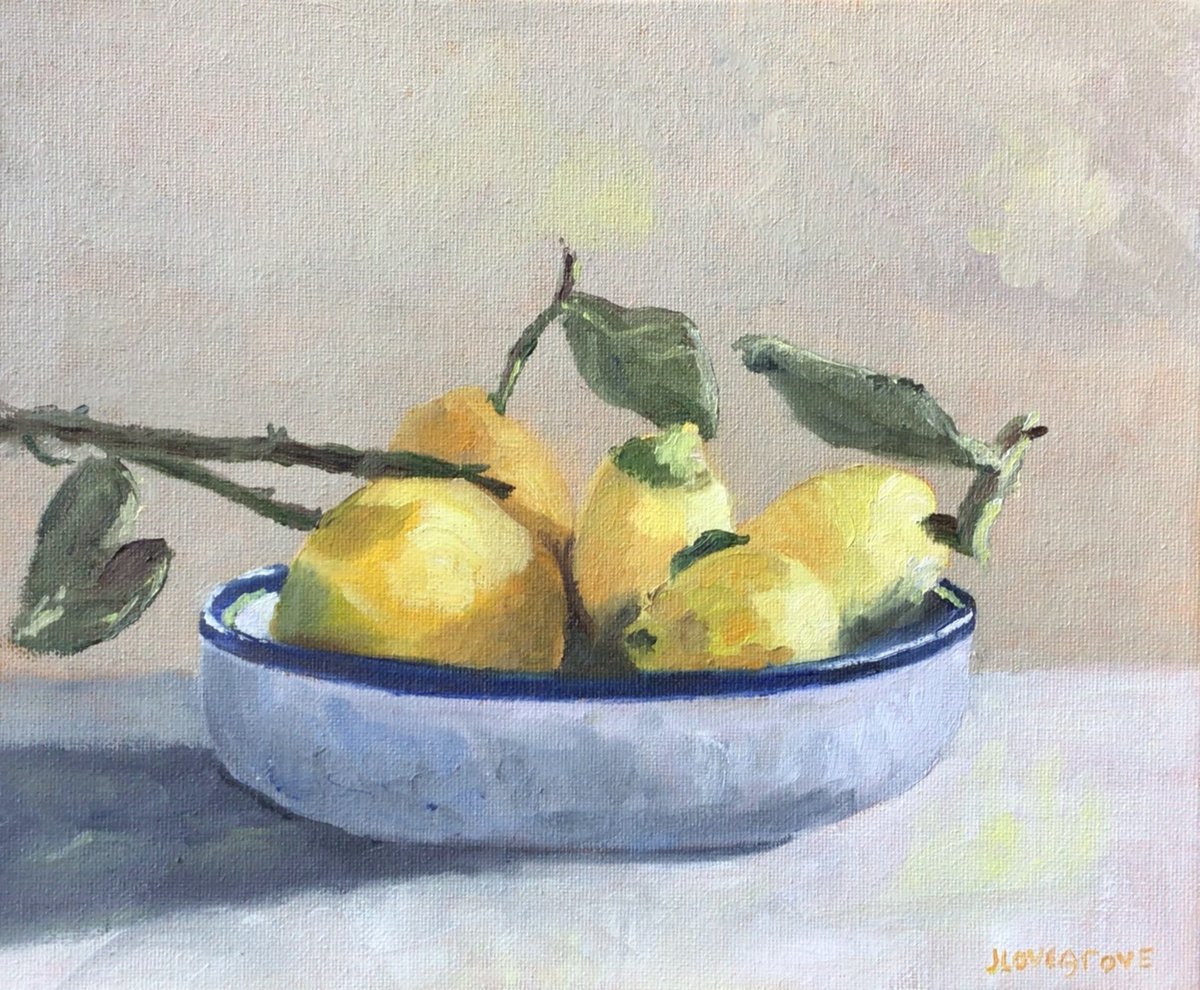 Bowl of lemons, still life painting by Julian Lovegrove Art