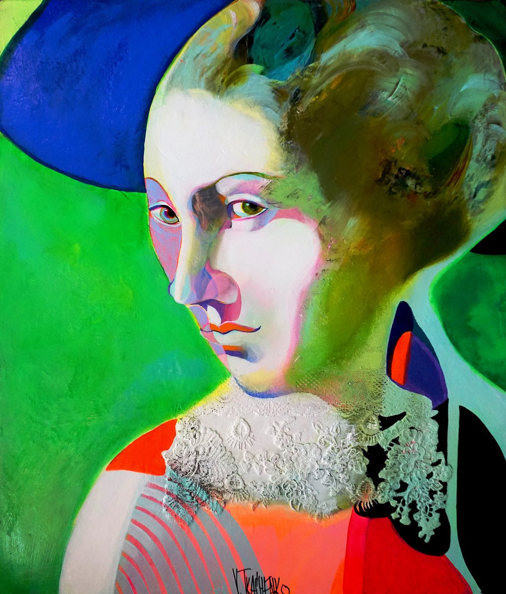 Organic Portrait Acrylic Painting By Victor Tkachenko, 20 X 24", Green Light, Original Artwork