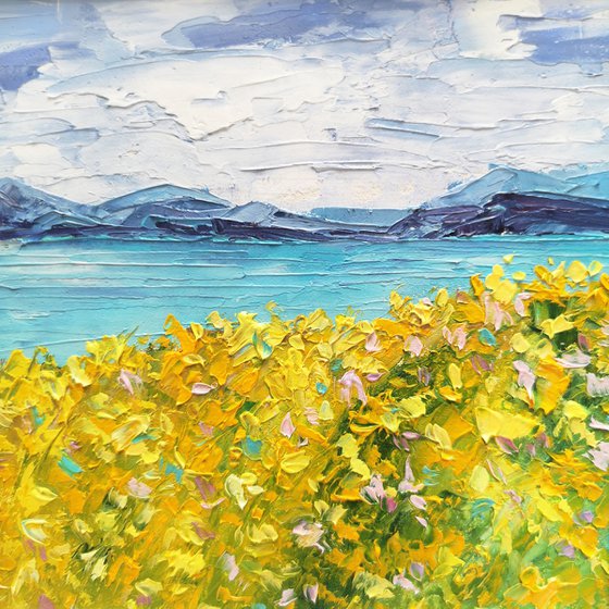 Impressionist landscape, sea, flower meadow, small oil painting