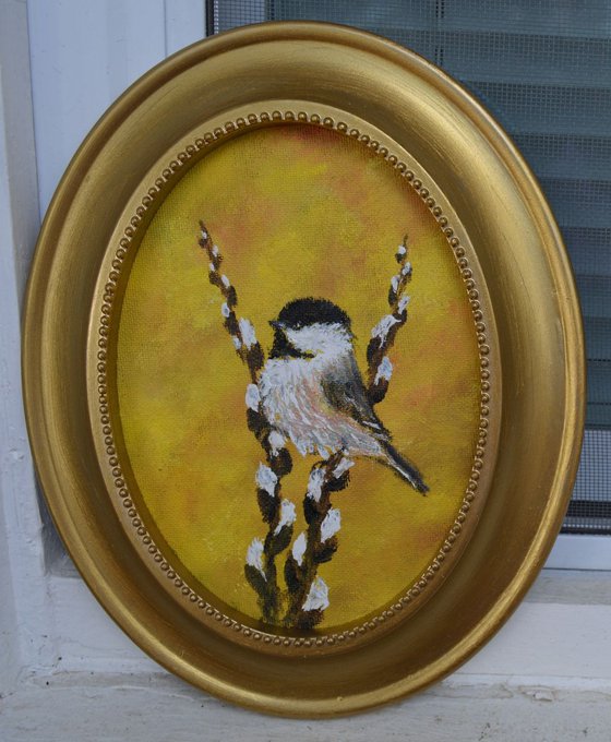Chickadee Set 23 - Bird # 2 - framed oil on oval 5X7 inch canvas (SOLD)