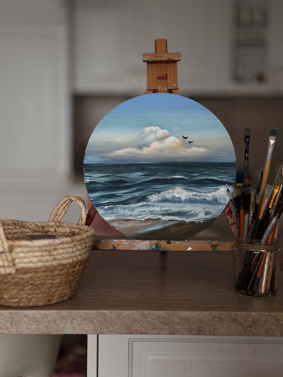 Photorealistic Landscape Oil Painting By Irina Ponna, 12 X 12, Evening Waves, Original Artwork