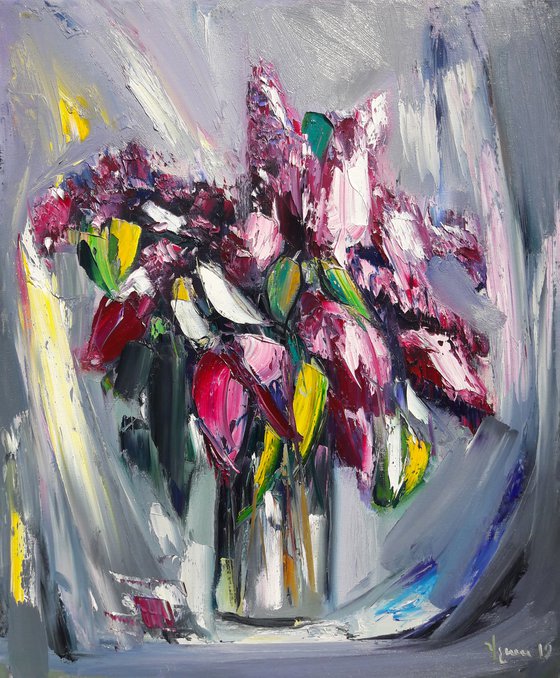 Still life with lilacs 60x70cm, oil painting, ready to hang, abstract still life