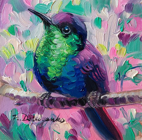 Hummingbird oil painting original 4x4, Bird oil painting cute gift for women, Animal art wildlife
