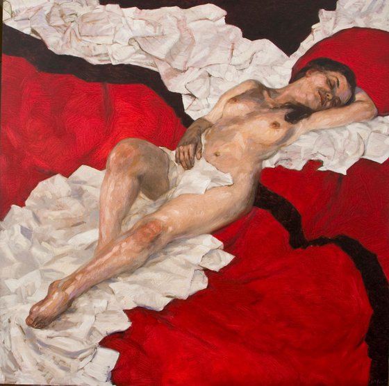 Joanna in red - modern painting of nude woman