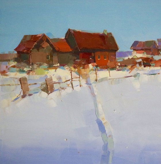 Village-Winter Time, Landscape oil painting, Palette knife art, One of a kind, Signed, Hand Painted