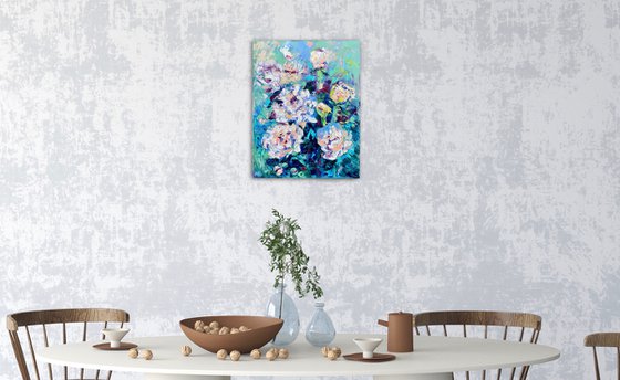 Peony - A summer joy, 35*45cm, impressionistic flowers oil painting in white and turquoise