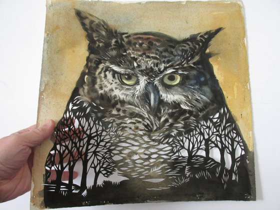 owl in the wood, watercolor papercut