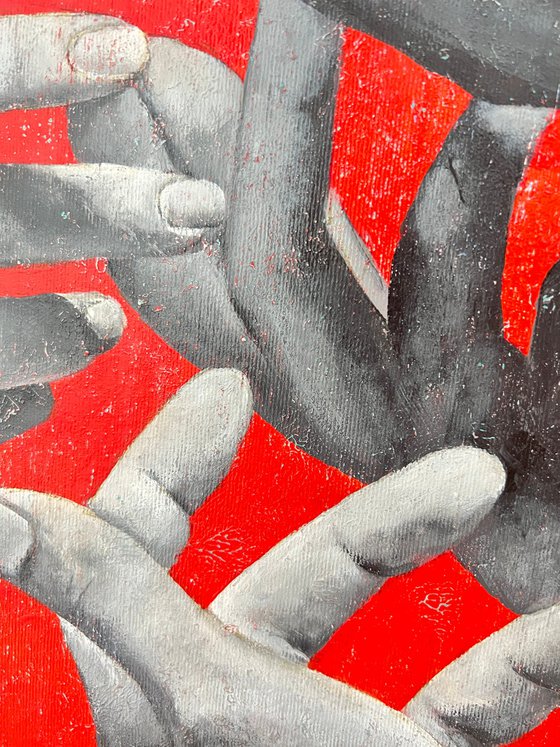 Infinity | Large Painting With Monochrome Hands On A Red Background