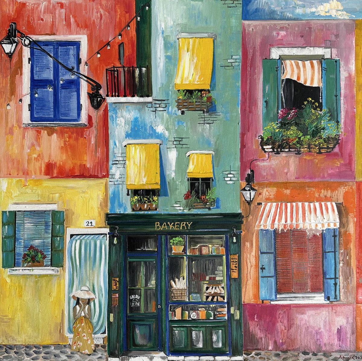 Impressionistic Landscape Oil Painting By Arevik Gasparyan, 24 X 24, Morning At The Bakery, Original Artwork