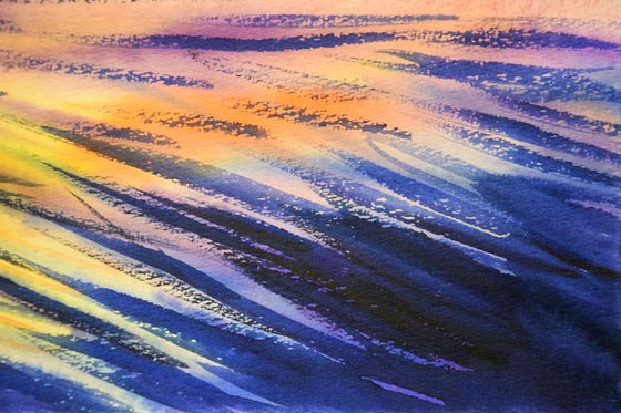 Sunset seascape original watercolor painting, coastal home decor