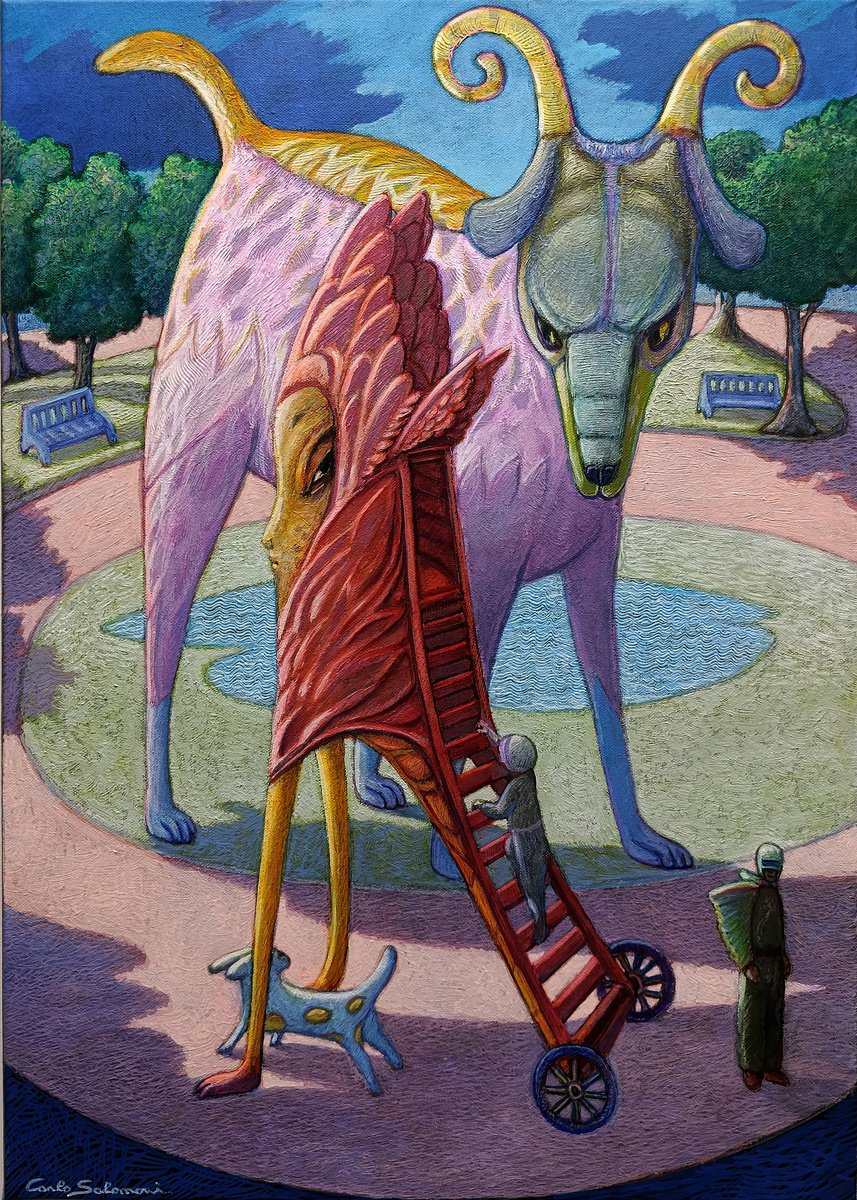 Surrealistic Portrait Acrylic Painting By Carlo Salomoni, 20 X 28, I Am Patient On This Path, Original Artwork