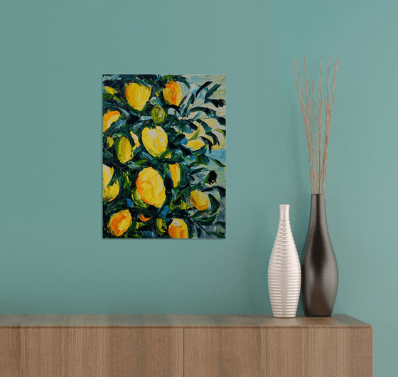 Lemons oil painting, tropical wall art, fruits canvas art, kitchen decor