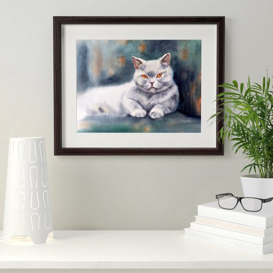 Sunday mood - commission art - British Blue Cat watercolor