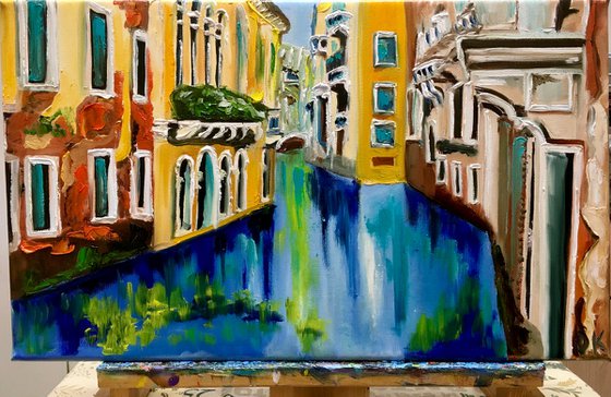 Venice #10. Canal . Water reflections. Oil painting, palette knife artwork