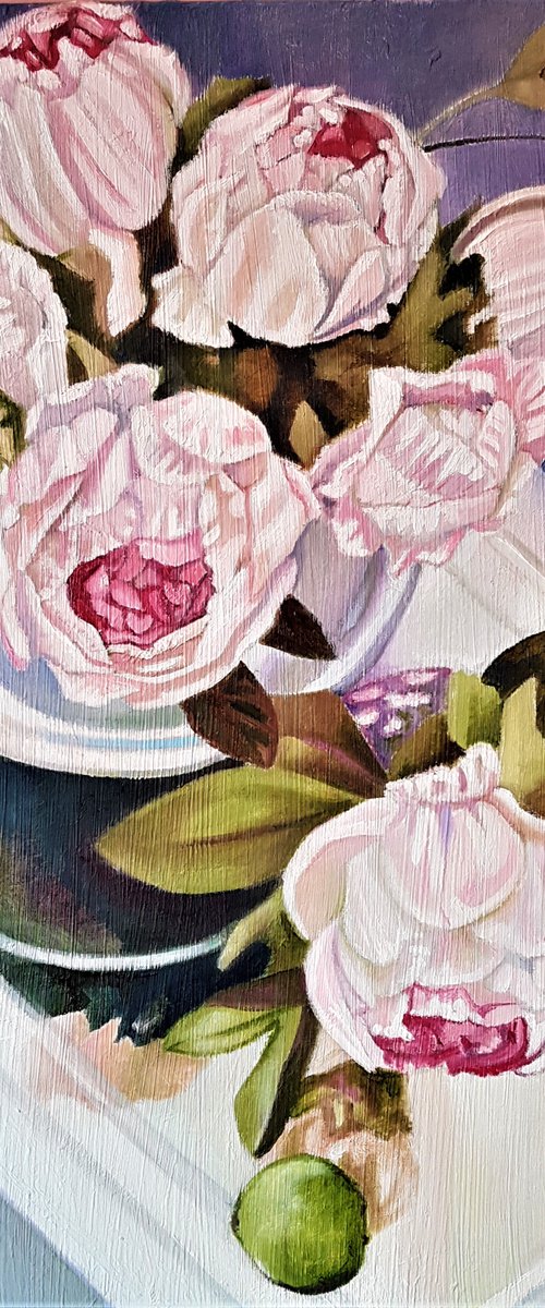 Glass Reflections with Peonies and Limes by Louisa J  Simpson
