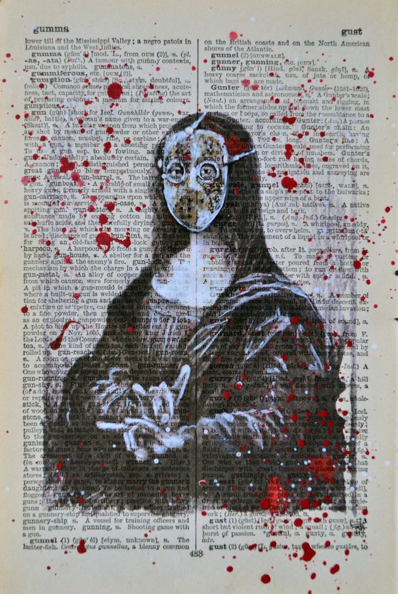 Halloween Mona Lisa - Friday the 13th Mask - Collage Art on English Dictionary Vintage Page