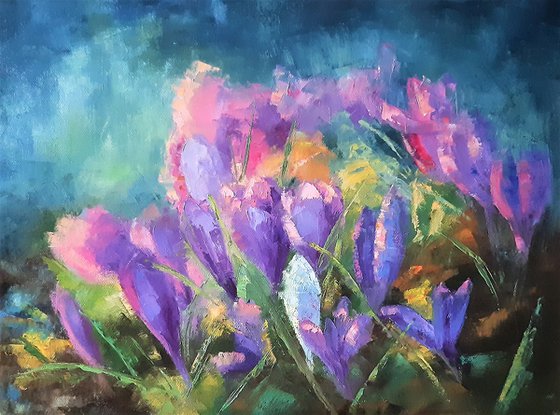 Crocuses - the first spring flowers, spring impression, oil painting, home decor, original gift