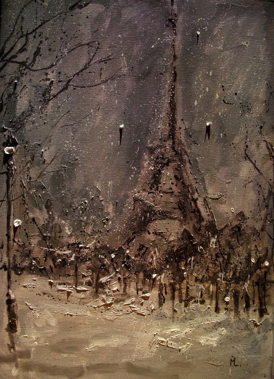" NIGHT IN PARIS ... " original oil painting PALETTE KNIFE