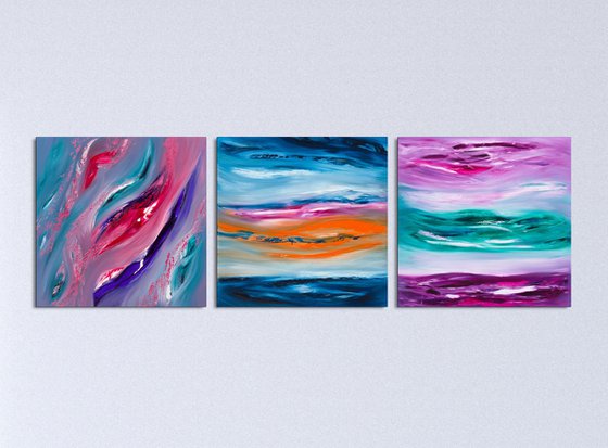 Underclouds, Triptych n° 3 Paintings, Original abstract, oil on canvas