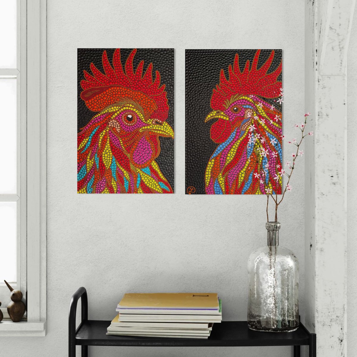 Expressive Animal Acrylic Painting By Oxana Lazari, 24 X 16", The Rooster Duo, Original Artwork