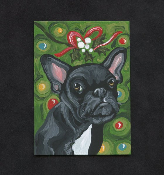 ACEO ATC Original Painting Christmas Kiss French Bulldog Pet Dog Art-Carla Smale