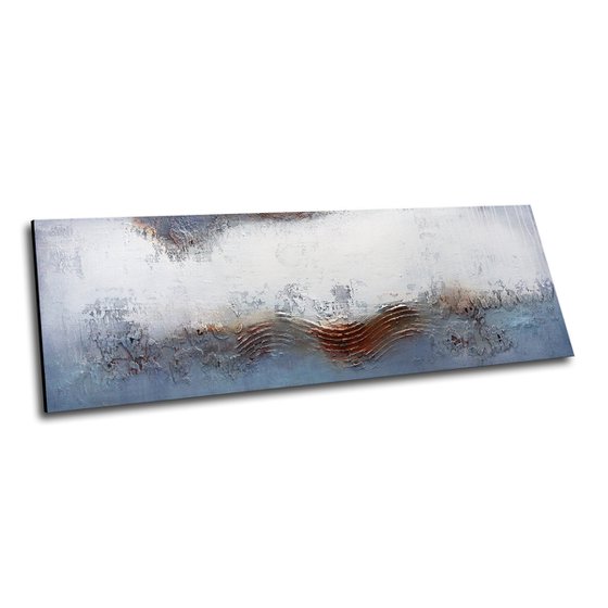 STEEL BLUE - 59" x 19.7" - ABSTRACT PAINTING WITH STRUCTURES - WHITE RUST BLUE