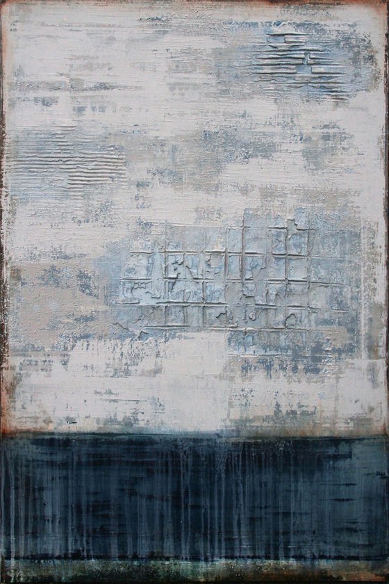NOCTURNAL NOISES - 120 X 80 CMS - ABSTRACT PAINTING TEXTURED * WHITE * BLUE * VINTAGE