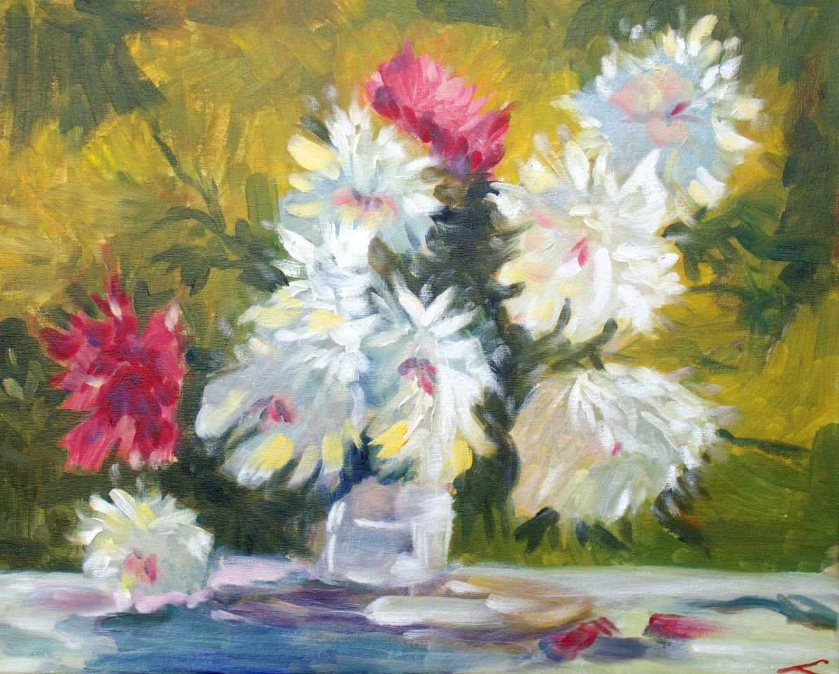 Impressionistic Botanical Oil Painting By Elena Sokolova, 20 X 16, Asters, Original Artwork