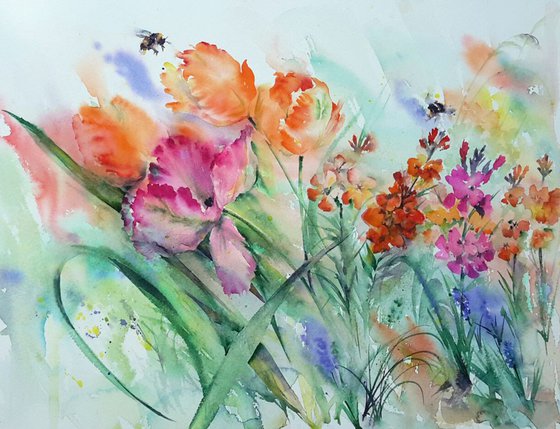 Spring is here, Original watercolour painting, Bees on flowers