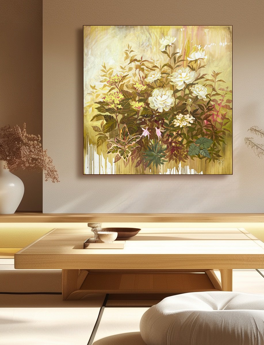 Impressionistic Botanical Acrylic Painting By Ekaterina Prisich, 39 X 39, Blooming Garden, Original Artwork