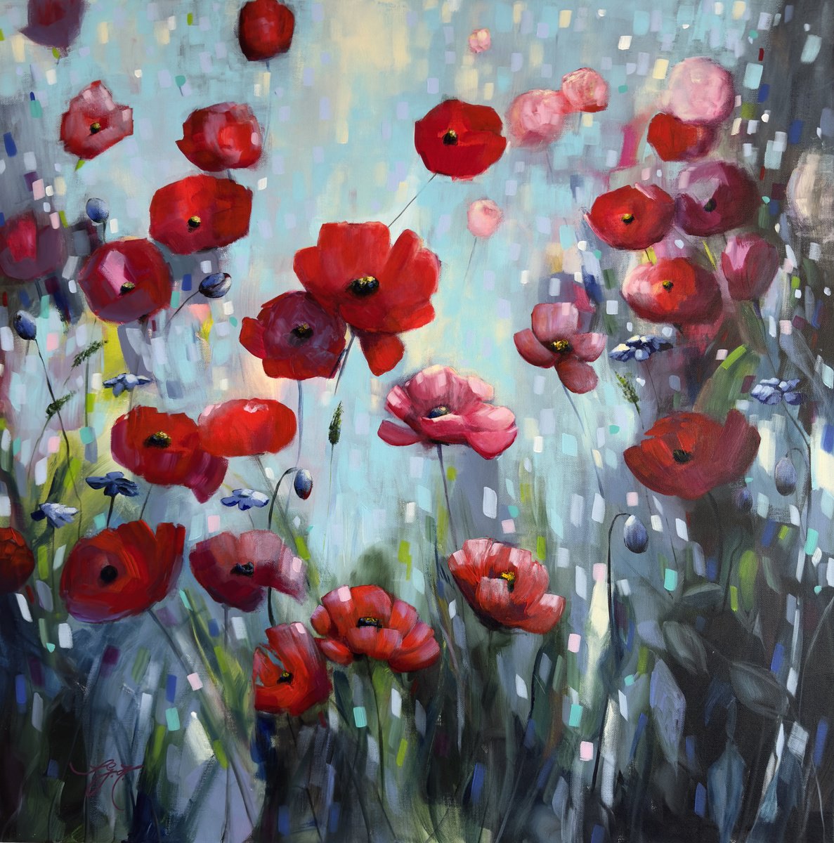 Impressionistic Botanical Acrylic Painting By Sandra Gebhardt-Hoepfner, 35 X 35", Poppies Land 12, Original Artwork