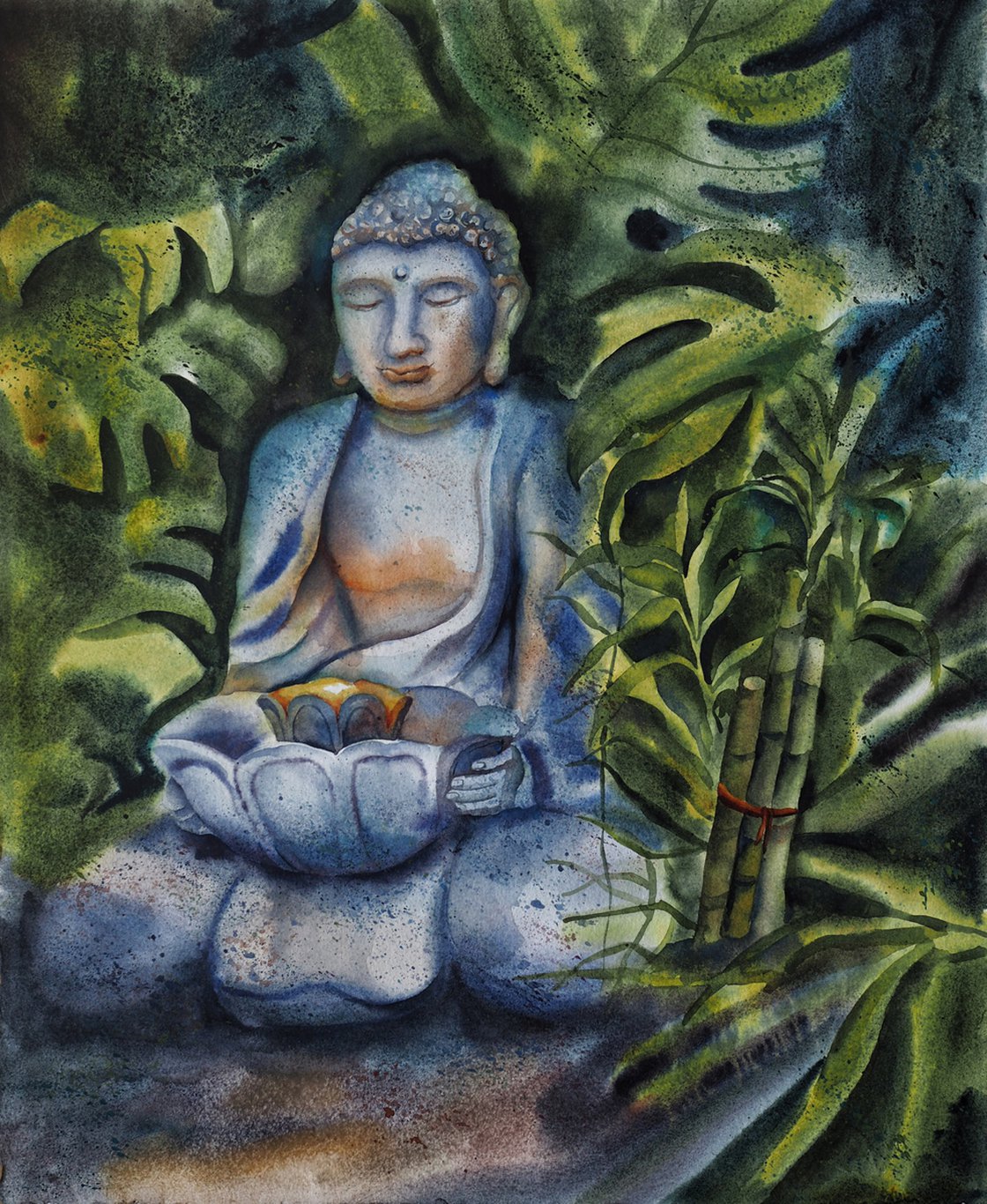 Original Watercolour - Jungle Buddha by Delnara El