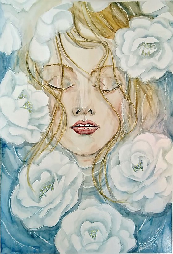 Ofelia. Watercolor portrait painting.
