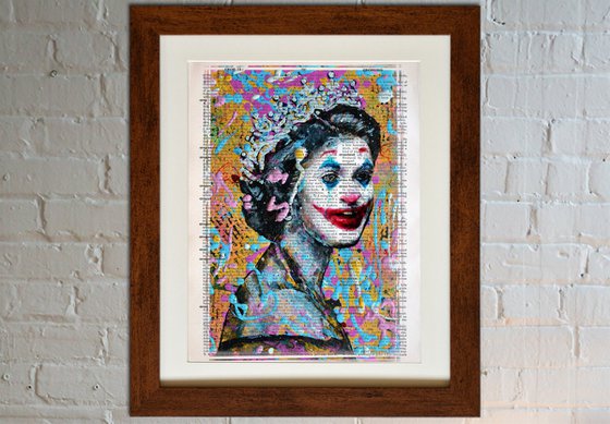 Queen Elizabeth II Like a Joker - Pop Art Collage on Large Real English Dictionary Vintage Book Page