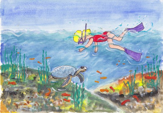 Girl fishes and sea turtle