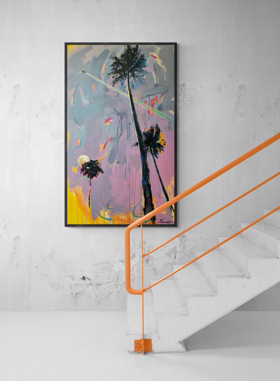 XL Big artwork - "Flight to Miami" - Pop Art - Huge painting - Palm - Street Art - Expressionism - Sunset