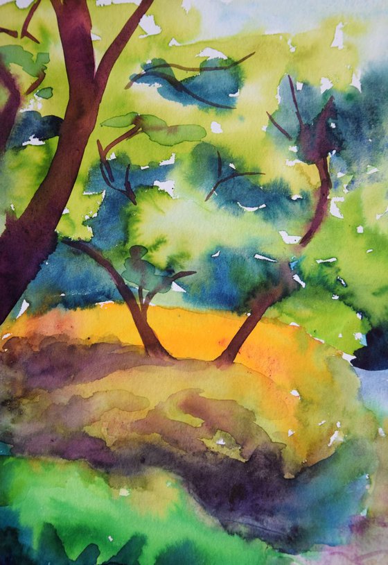 Blooming forest abstract landscape, original watercolor painting, Botanical garden