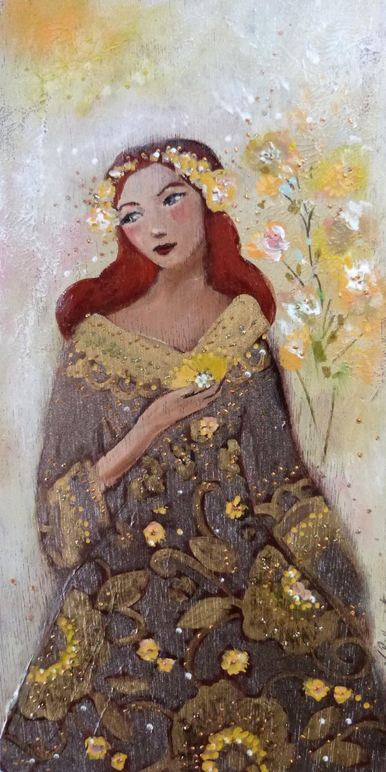 A day of June 15 x 30 cm Romantic redheaded woman on wood.