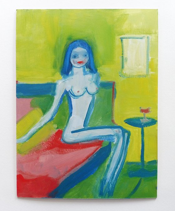 CUTE EROTIC NUDE GIRL, Red Lips, Red Wine. Original Female Figurative Oil Painting. Varnished.