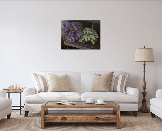 Lush Bouquets Of Lilacs On The Bench In The Garden - original floral spring oil painting on canvas