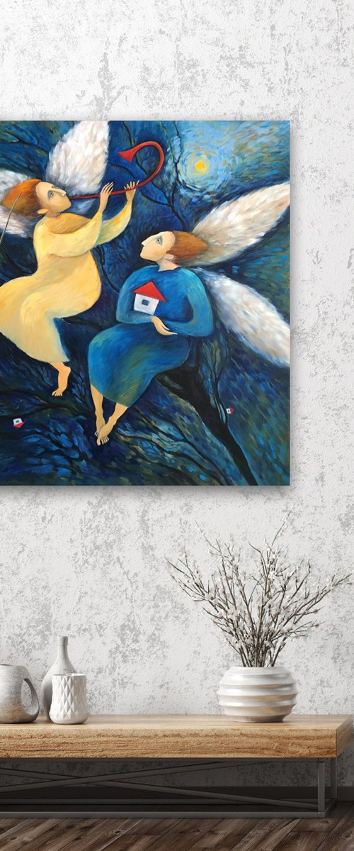 ANGELS OF PEACE – large figurative artwork (COMMISSION), blue wall art. by Irene Makarova