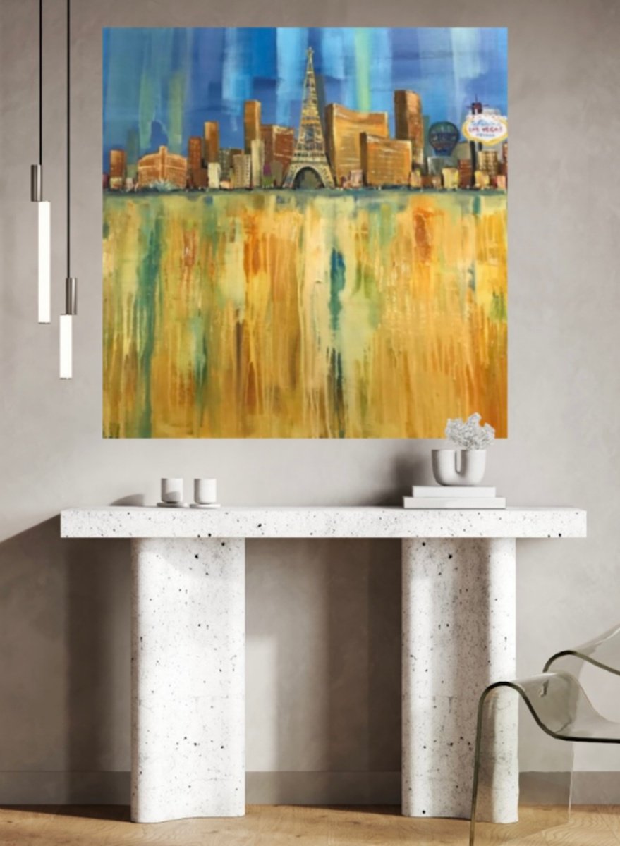 Abstract Cityscapes Acrylic Painting By Lidia Gaudiano, 36 X 36", Vegas Baby, Original Artwork